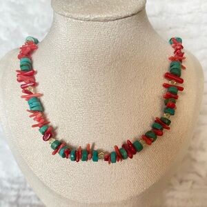 Southwestern Turquoise & Coral Chip Bead Necklace Boho Statement